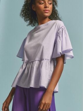 Anthropologie Lavender Babydoll Top Ruffle Flutter Sleeve Peplum Tee Large